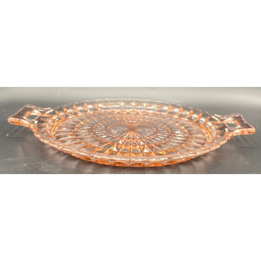VTG Windsor Depression Diamond 10” Pink Handle Platter Cake Jeanette Glass MCM - Picture 3 of 5